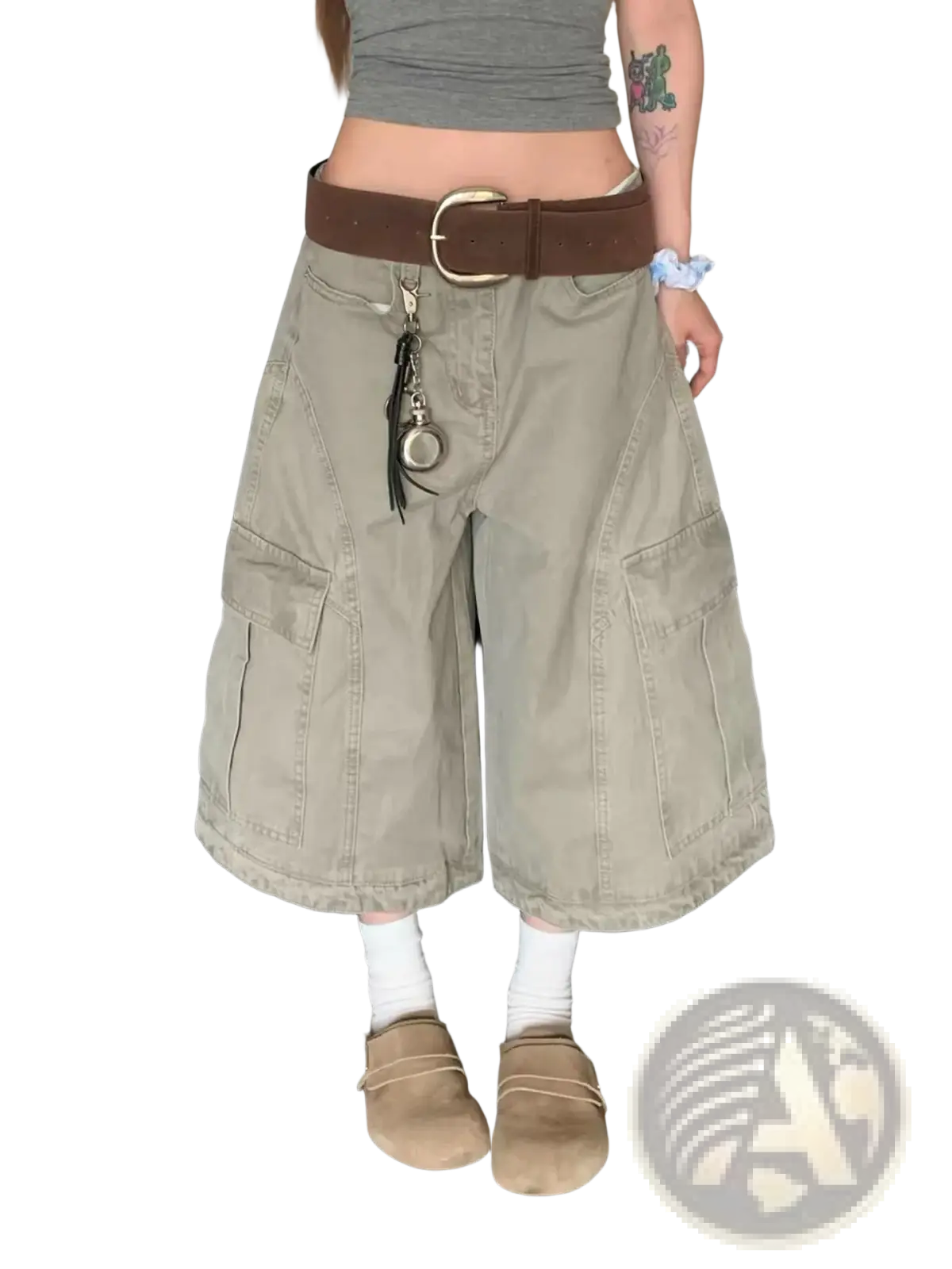 Khaki cargo shorts with multiple pockets and a brown belt made from durable fabric for casual outdoor use