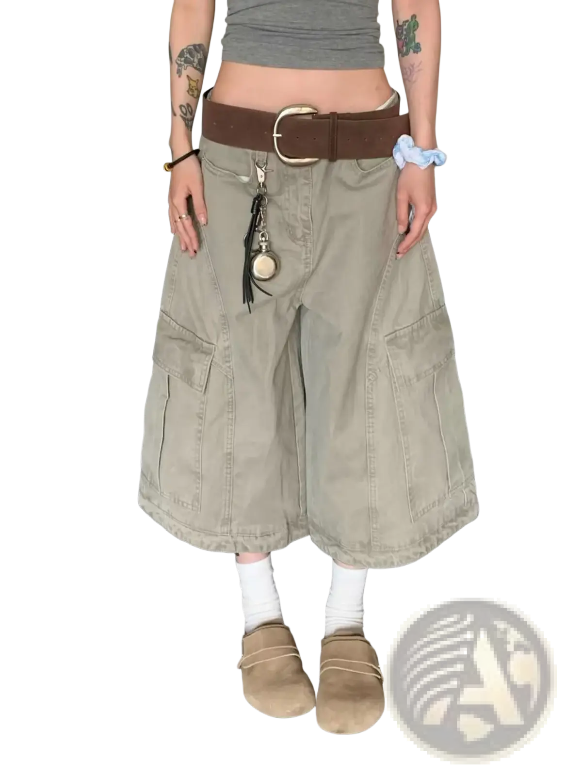 Khaki cargo shorts with multiple pockets and brown belt made from durable fabric for casual outdoor wear
