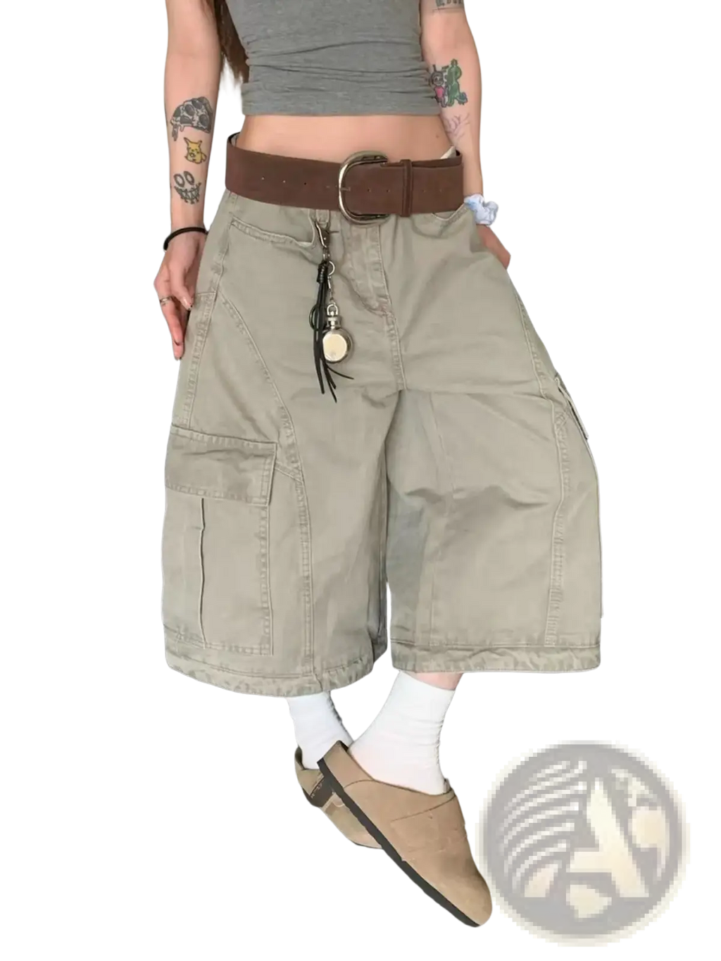 Khaki cargo shorts with multiple pockets and a brown belt made of durable fabric for practical outdoor use