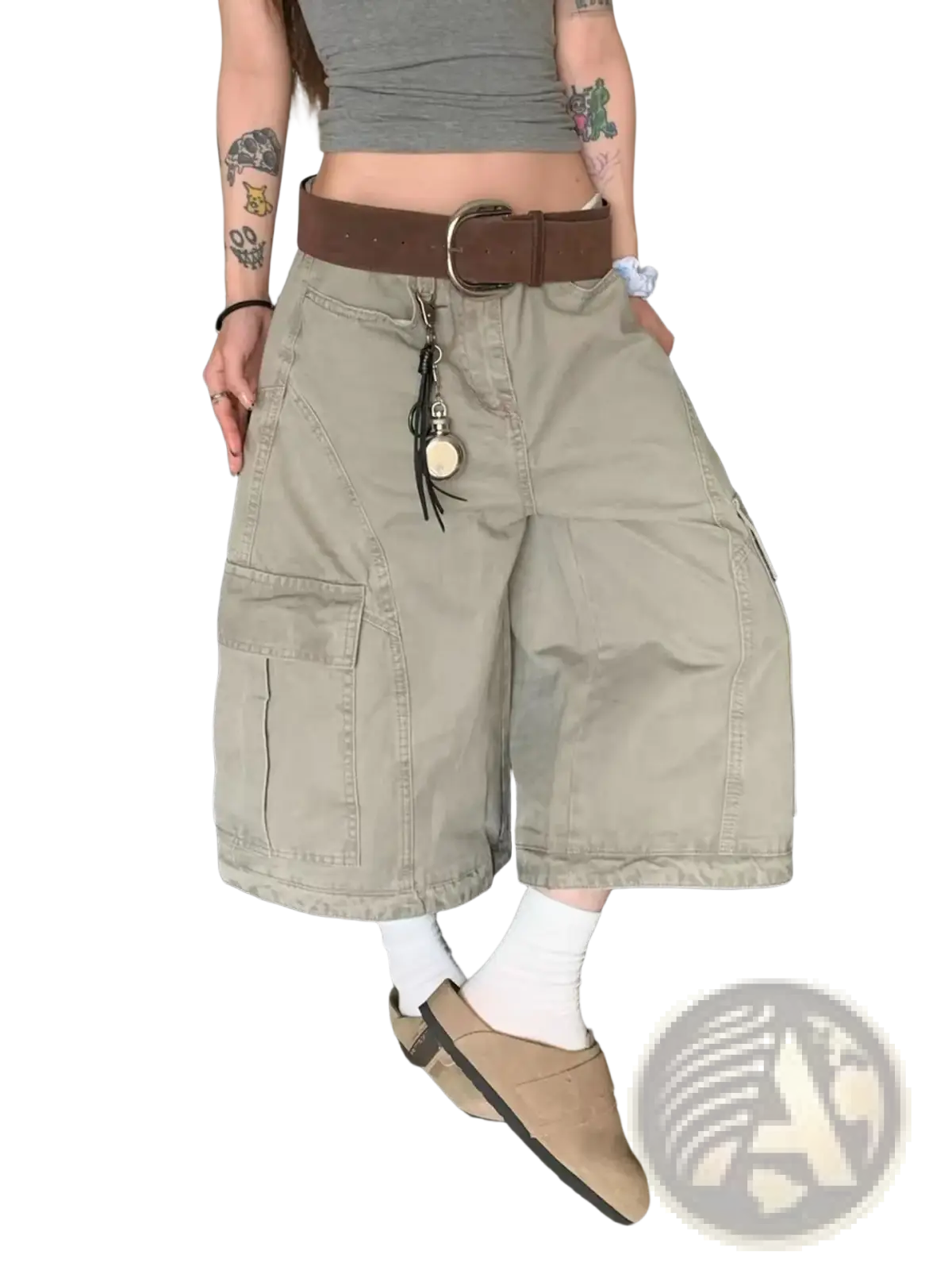 Khaki cargo shorts with multiple pockets and a brown belt made of durable fabric for practical outdoor use