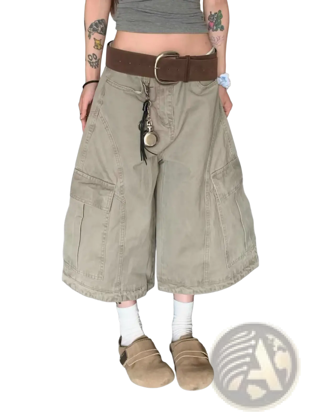 Khaki cargo shorts with multiple pockets and a brown belt made of durable fabric for casual outdoor use