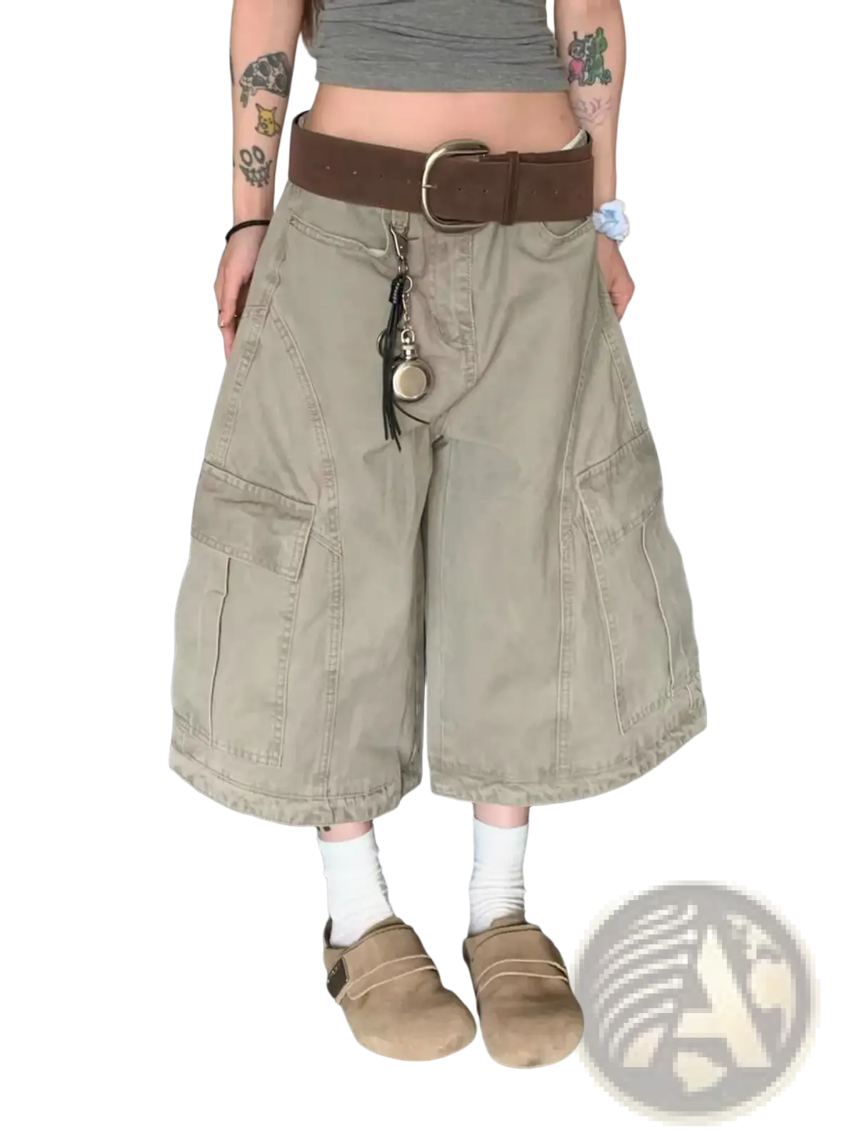 Khaki cargo shorts with multiple pockets and a brown belt made of durable fabric for casual outdoor use
