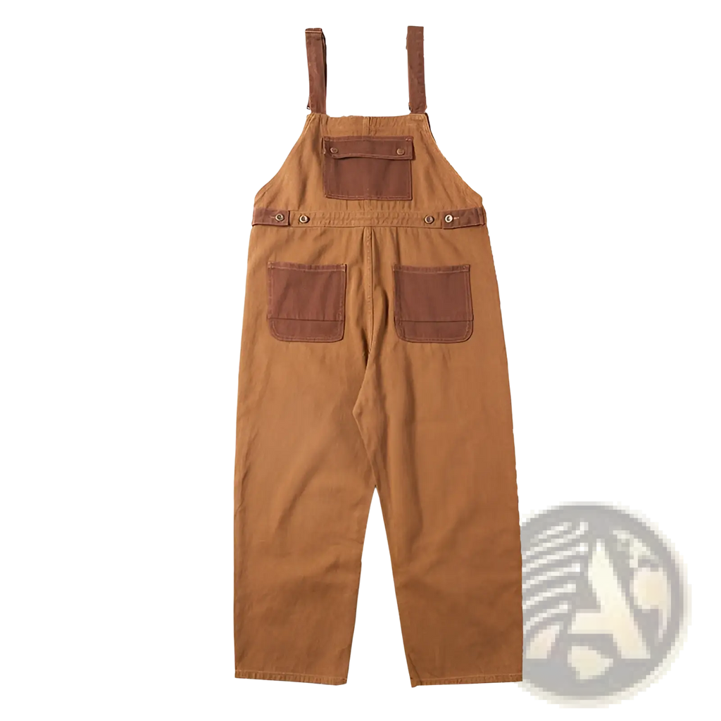Khaki retro suspender overalls in tan canvas with dark brown shoulder straps chest and side pockets