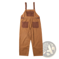 Khaki retro suspender overalls in tan canvas with dark brown shoulder straps chest and side pockets