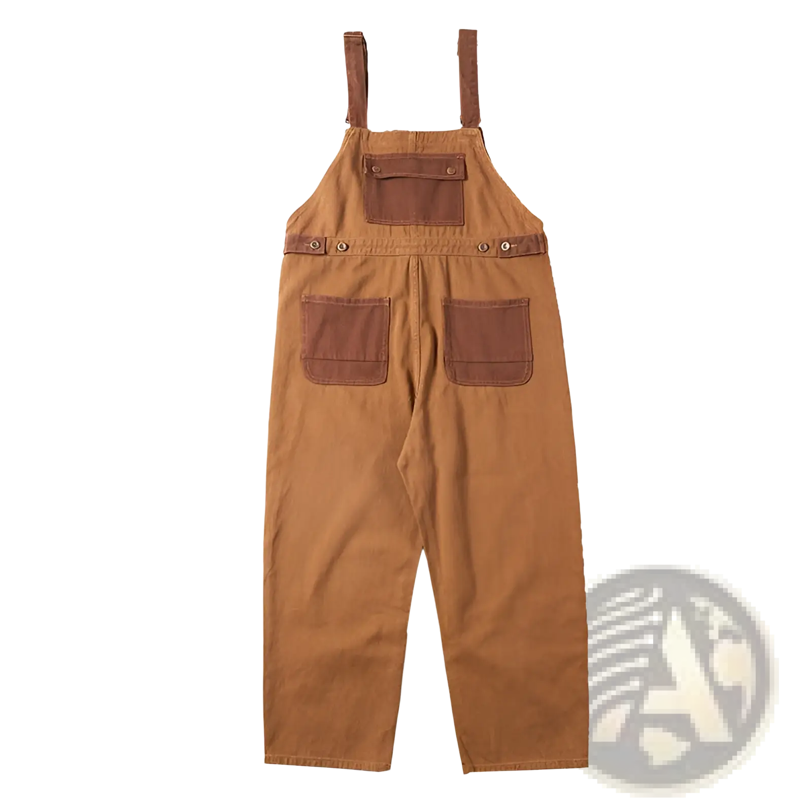 Khaki retro suspender overalls in tan canvas with dark brown shoulder straps chest and side pockets