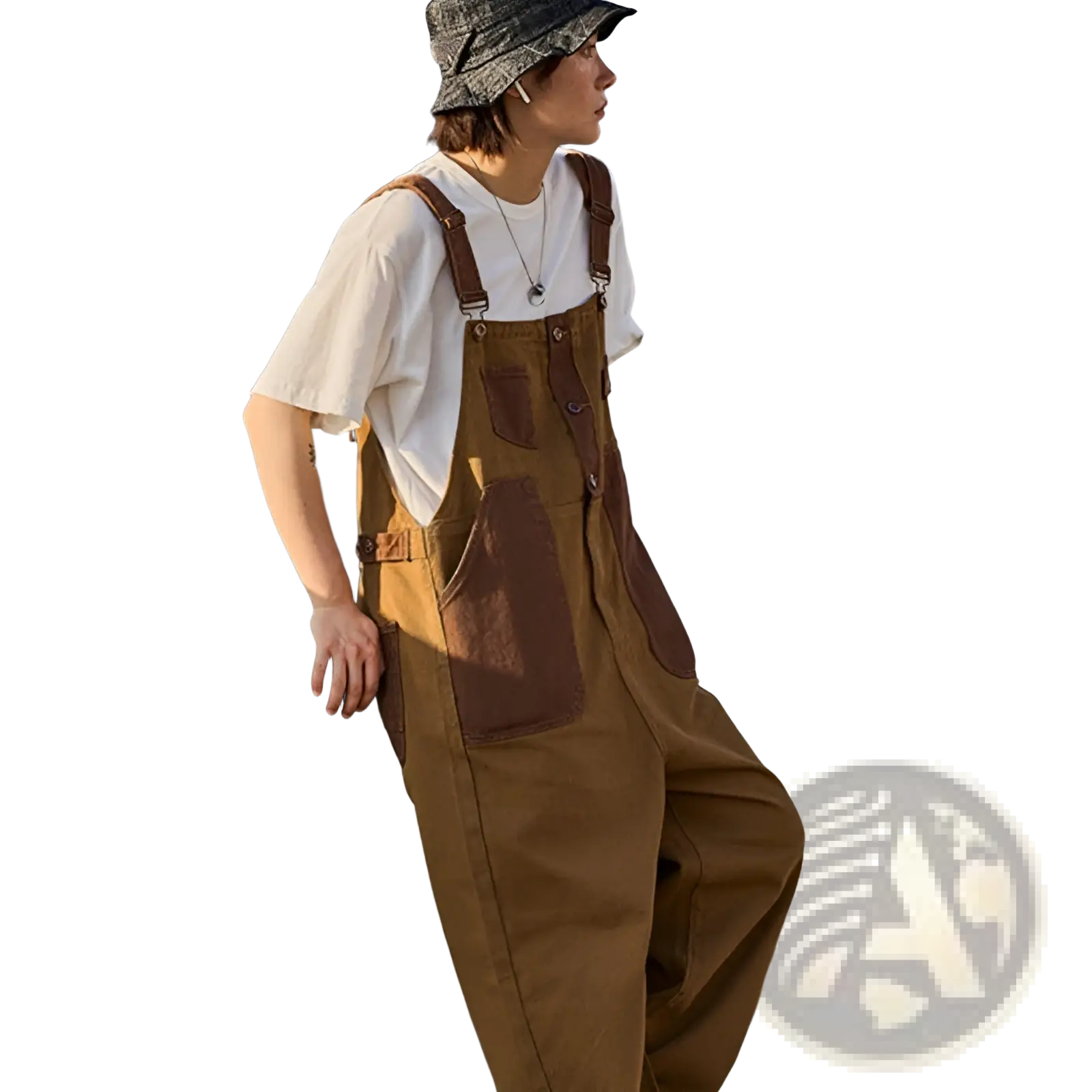Khaki retro suspender overalls in brown canvas with dark brown patch pockets and adjustable shoulder straps