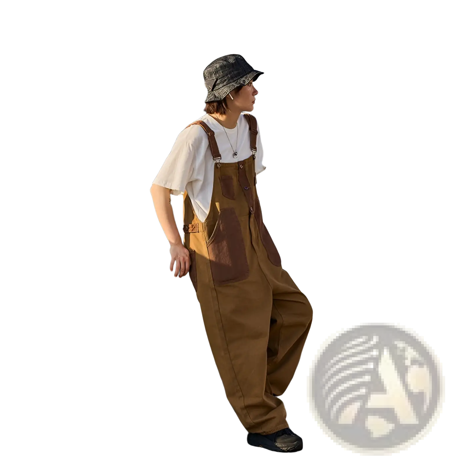 Khaki retro suspender overalls in brown canvas with brown leather patches and adjustable straps front view