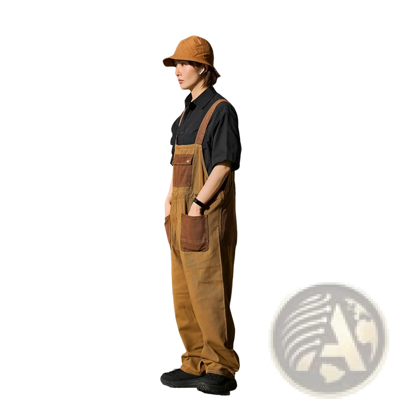 Khaki retro suspender overalls in tan canvas with brown leather patches and adjustable straps shown from the front