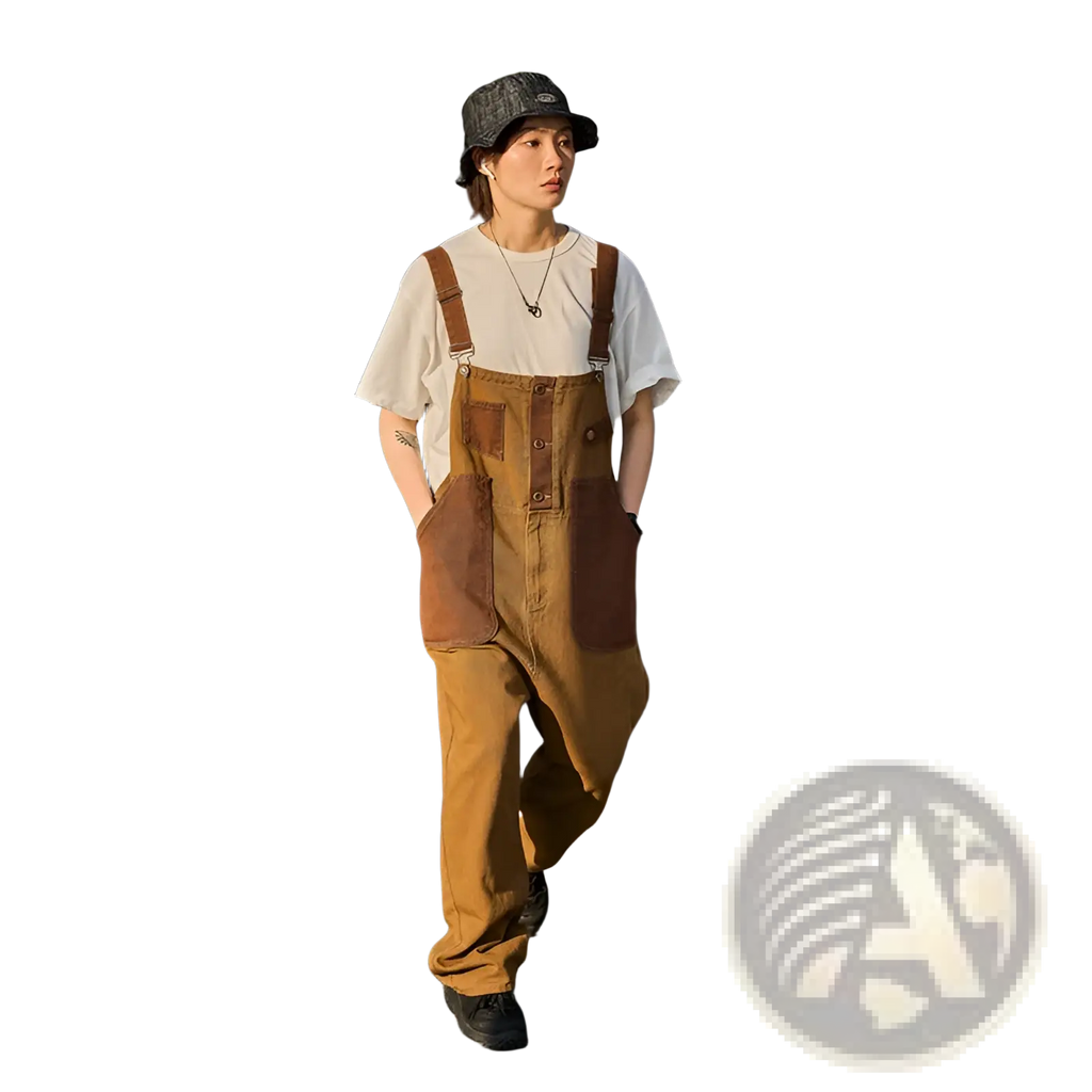 Khaki retro suspender overalls in tan denim with brown leather patches and adjustable straps for a vintage look