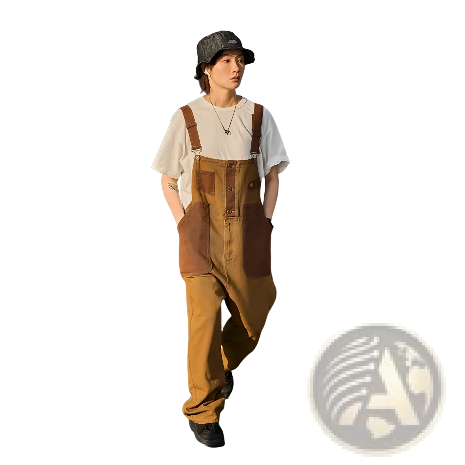 Khaki retro suspender overalls in tan denim with brown leather patches and adjustable straps for a vintage look