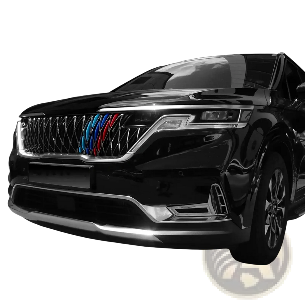 Black luxury SUV with chrome grille featuring vibrant blue and red m-branded accents Kia Carnival Ka4 front grille trim ABS 2022-2024
