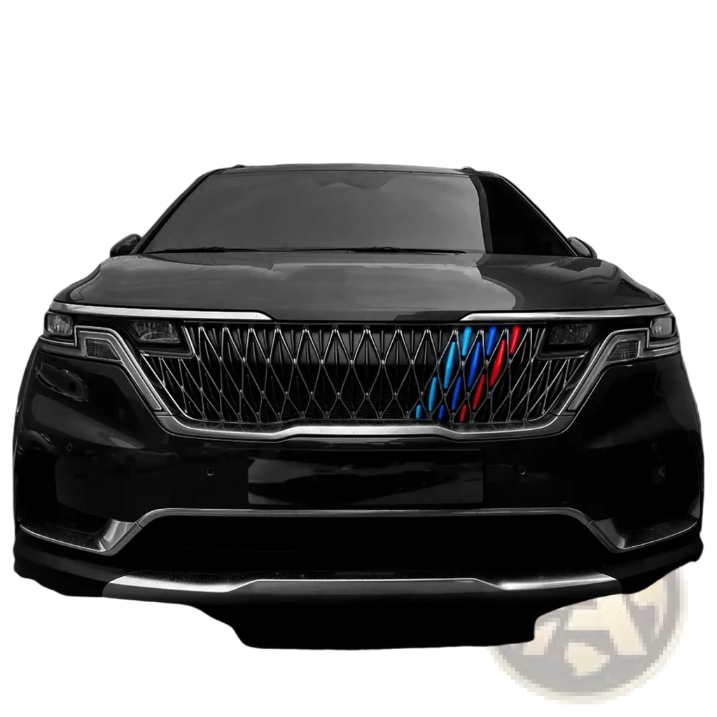Black Kia Carnival Ka4 front grille trim with diamond-patterned mesh and blue red silver m performance badge 2022-2024