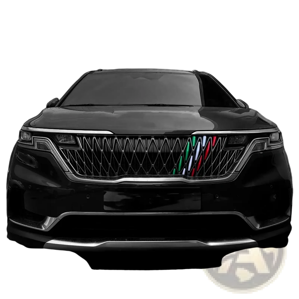 Black SUV with a chrome ABS front grille trim featuring green white and red diagonal stripes for Kia Carnival Ka4 2022-2024