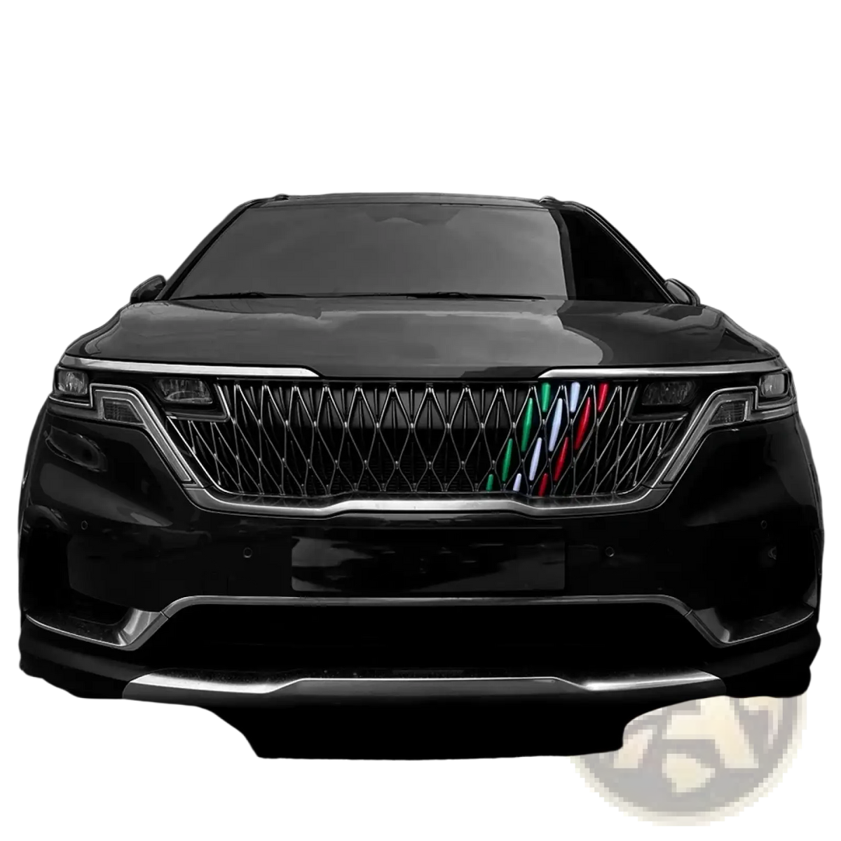 Black SUV with a chrome ABS front grille trim featuring green white and red diagonal stripes for Kia Carnival Ka4 2022-2024
