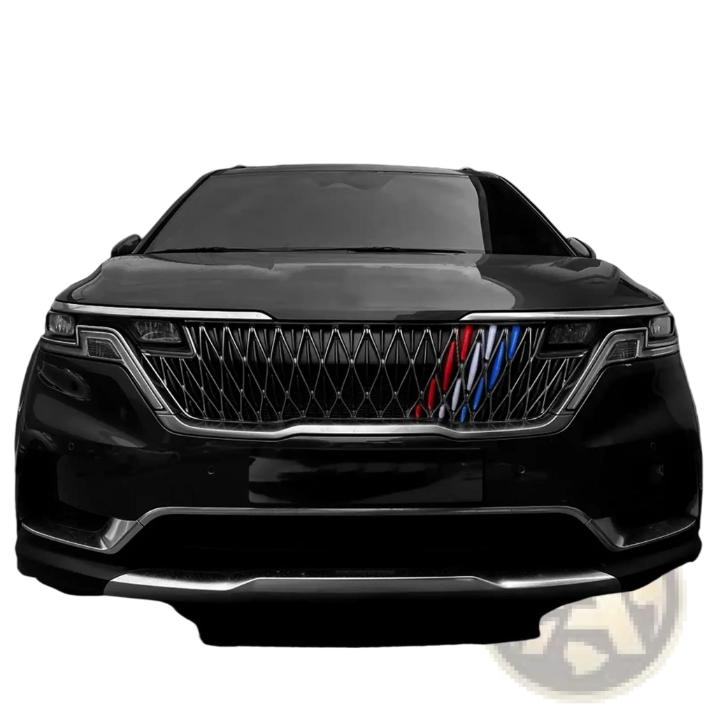 Black kia carnival ka4 front grille trim with chrome trim and red white blue stripes made of abs 2022-2024 model