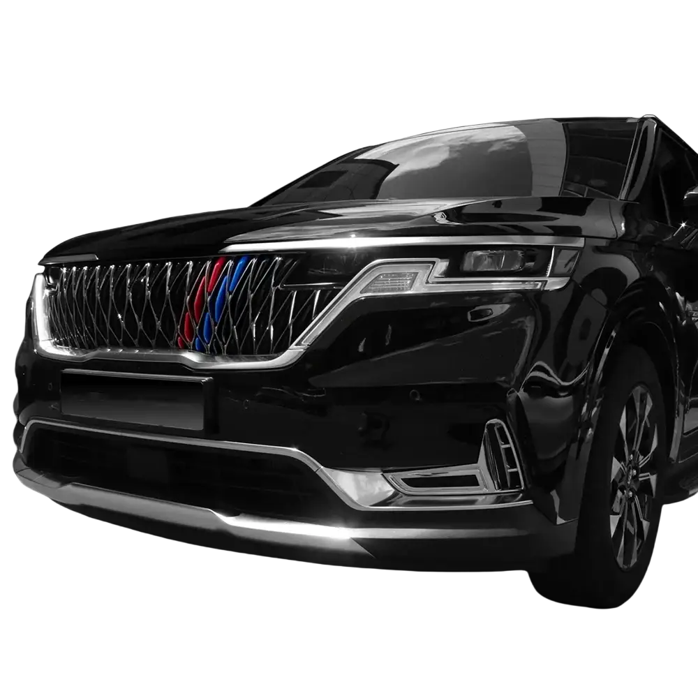 Black Kia Carnival Ka4 SUV front grille trim ABS chrome with red blue and silver accents 2022-2024 model