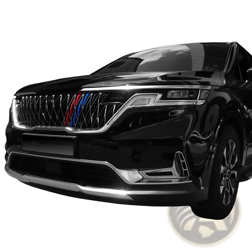 Black Kia Carnival Ka4 SUV front grille trim ABS chrome with red blue and silver accents 2022-2024 model