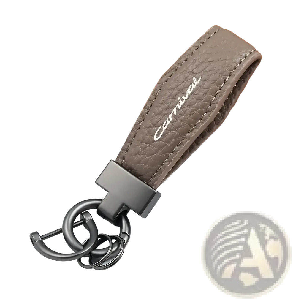 Gray textured leather kia carnival keychain with silver carnival engraving and matte black metal hardware for car keys