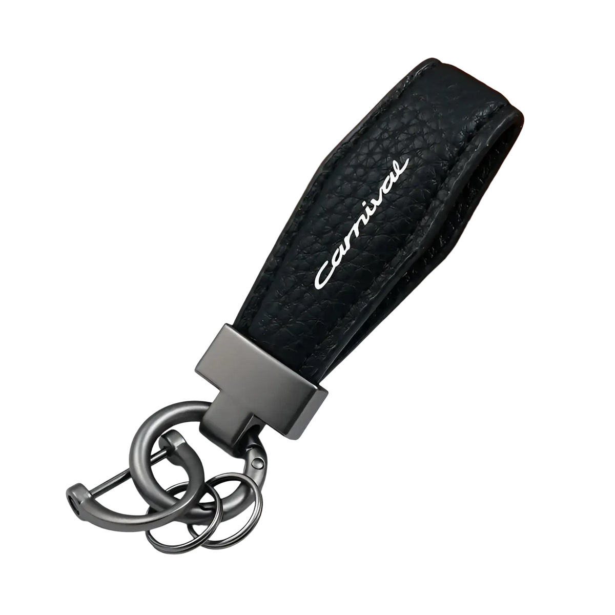 Black textured leather Kia Carnival keychain with silver engraving and matte black metal clasp car key ring holder