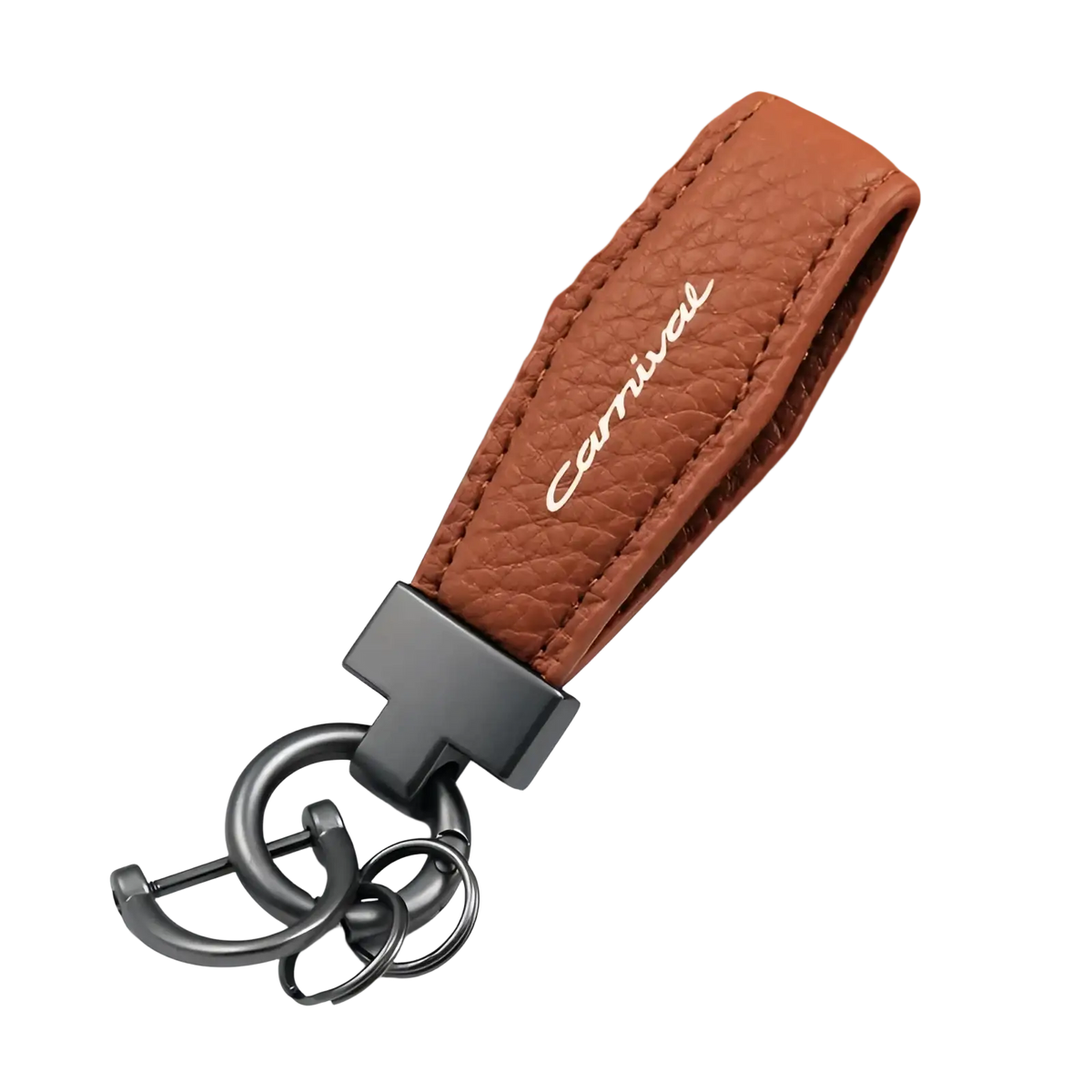 Brown leather Kia Carnival keychain with white embroidered script and black metal t-shaped connector and ring