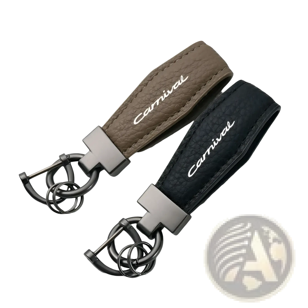 Kia Carnival leather keychain car key ring holder in brown and black with carnival embroidered and metal clasps