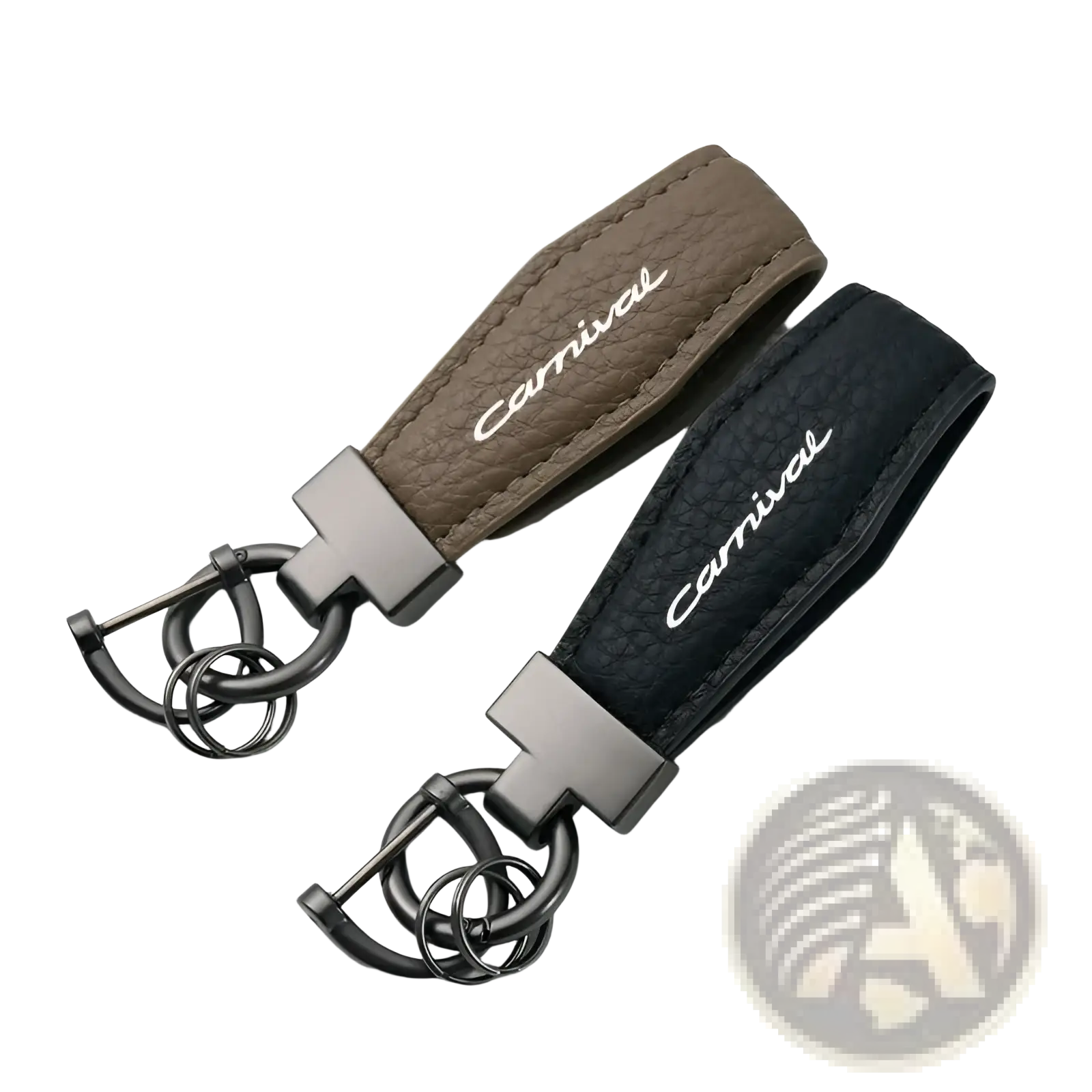 Kia Carnival leather keychain car key ring holder in brown and black with carnival embroidered and metal clasps