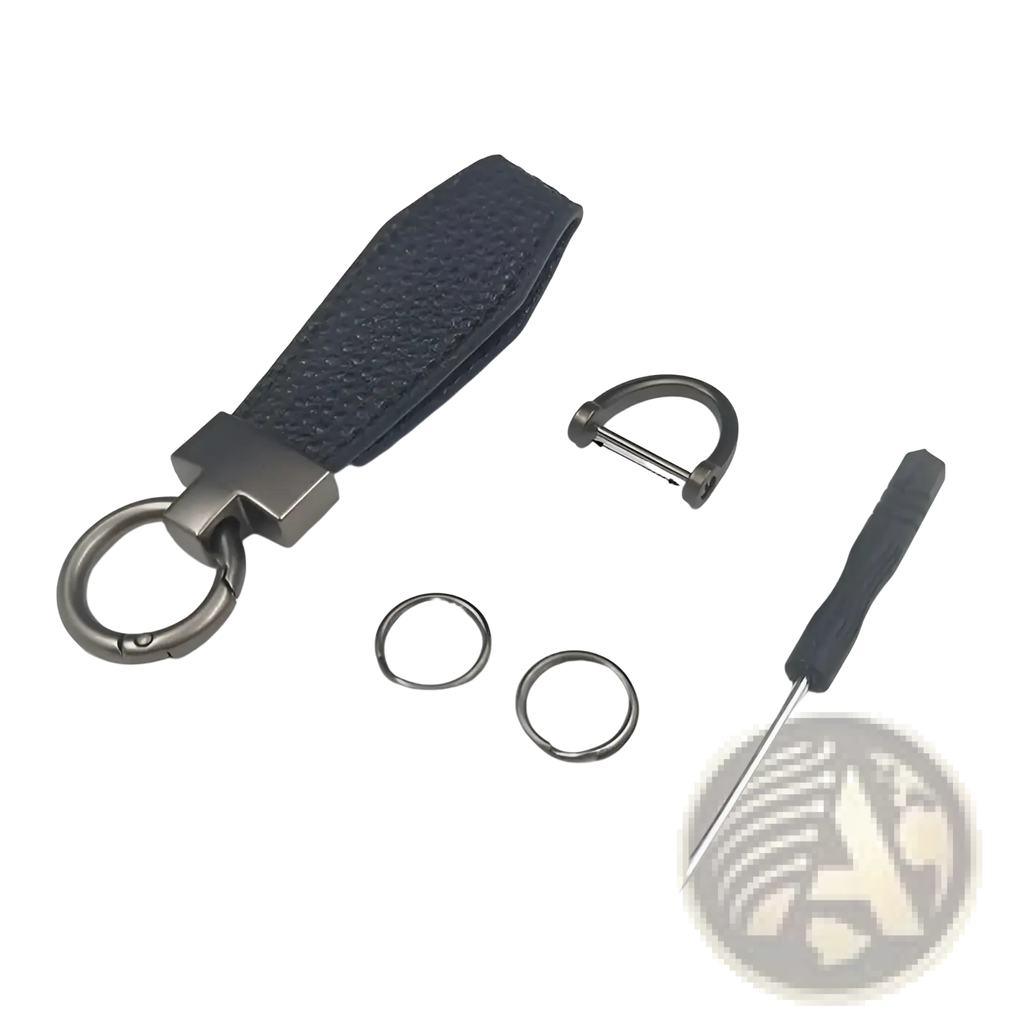 Dark blue textured leather Kia Carnival keychain with silver-toned metal ring and connector for car keys