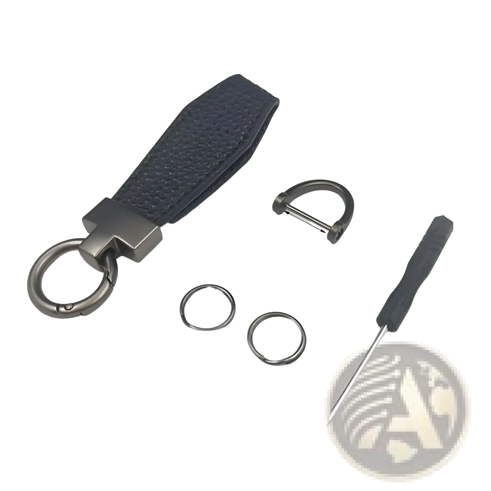 Dark blue textured leather Kia Carnival keychain with silver-toned metal ring and connector for car keys