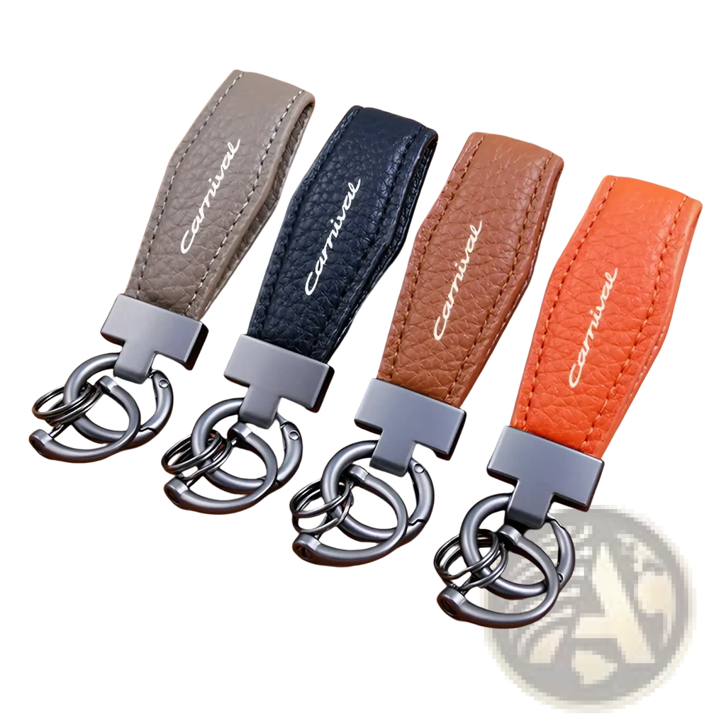 Four kia carnival leather keychain car key ring holders in beige navy blue brown and orange with silver carnival logo