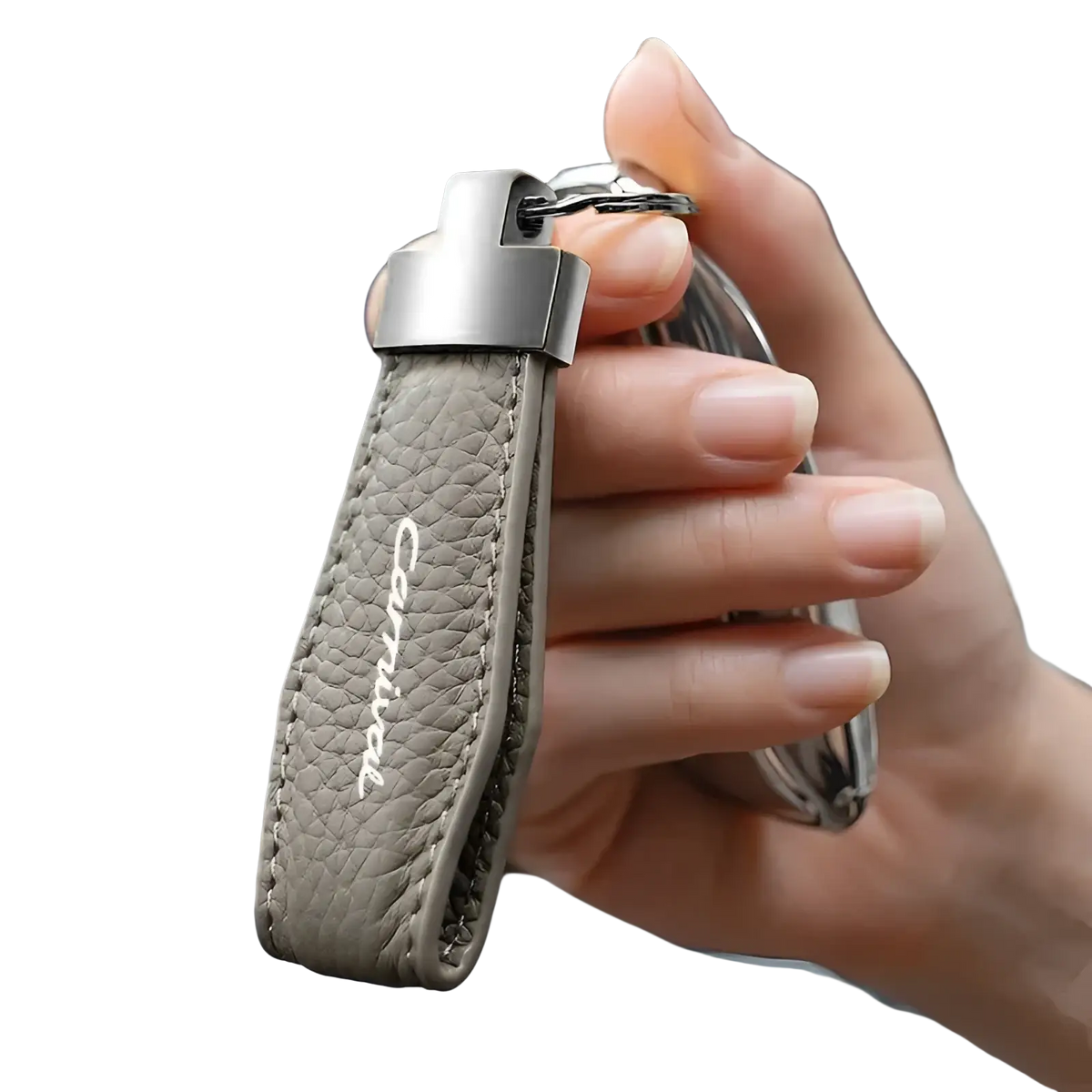 Gray leather Kia Carnival keychain with silver clasp and carnival embroidered in white thread for car key ring holder