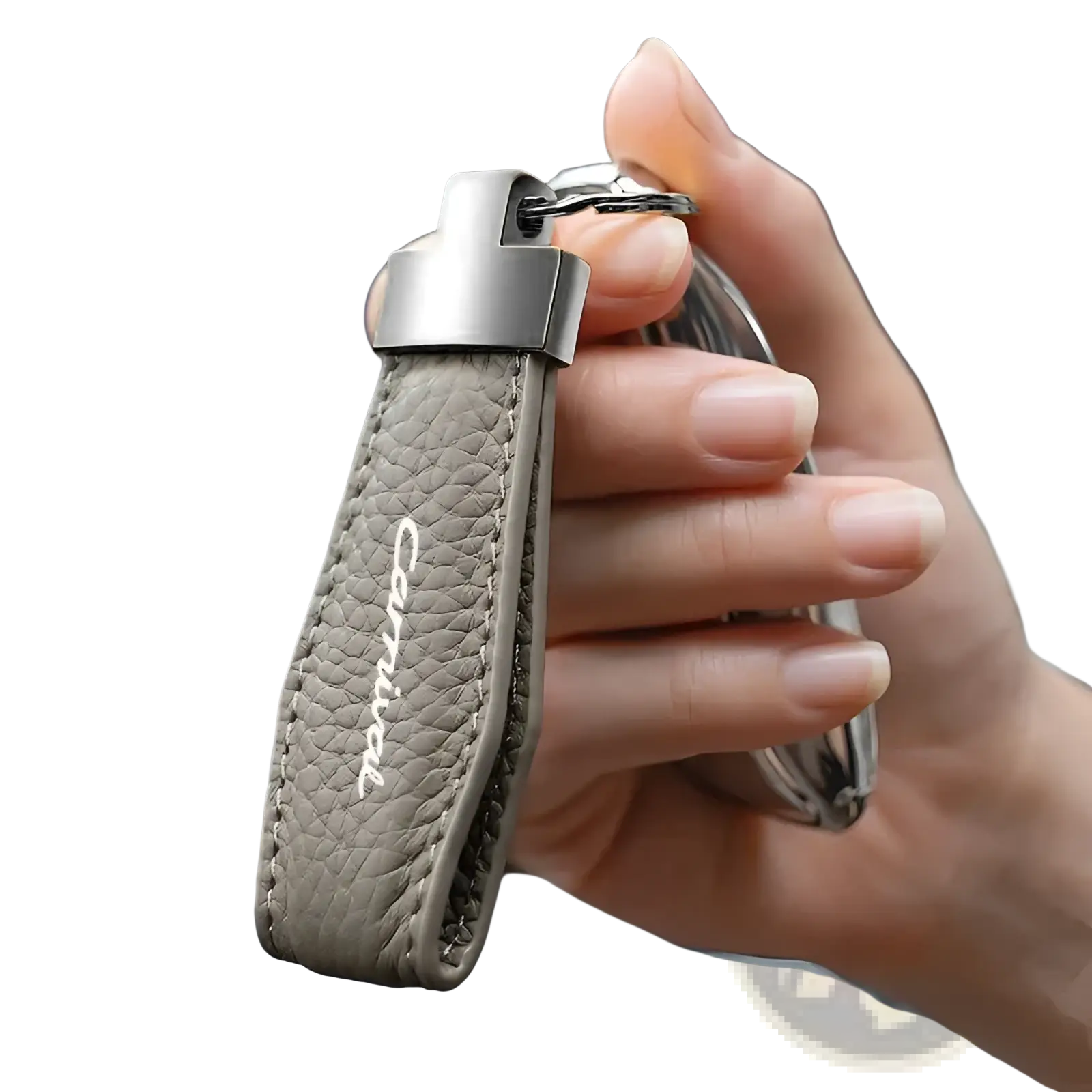 Gray leather Kia Carnival keychain with silver clasp and carnival embroidered in white thread for car key ring holder