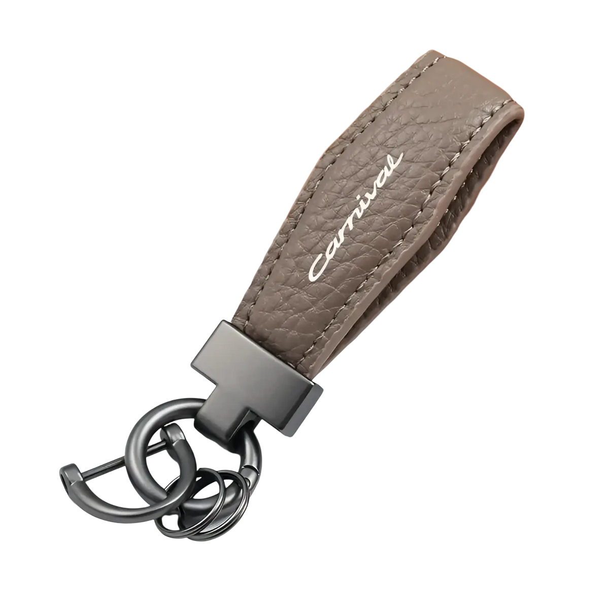 Gray textured leather kia carnival keychain with silver carnival engraving and matte black metal hardware for car keys