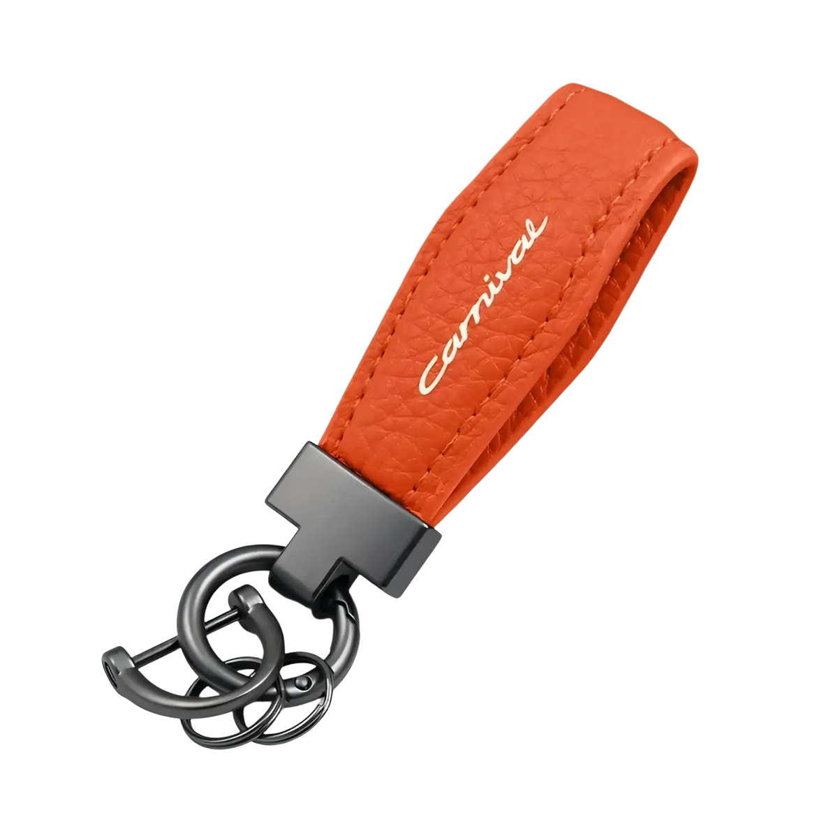 Orange leather Kia Carnival keychain with white embroidered carnival script and black metal clasp for car keys