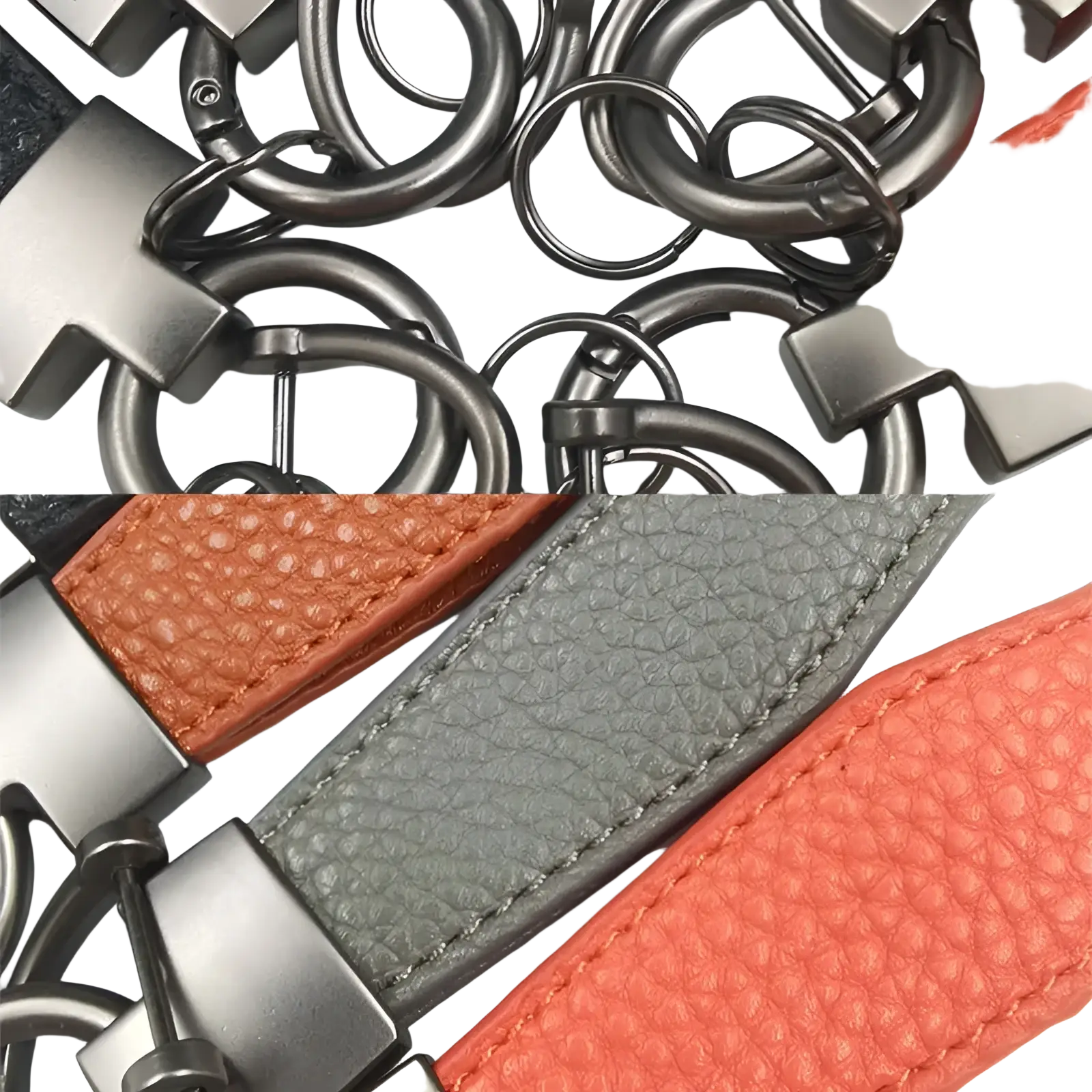 A Kia Carnival leather keychain featuring a matte metal clasp and textured straps in orange gray or brown tones