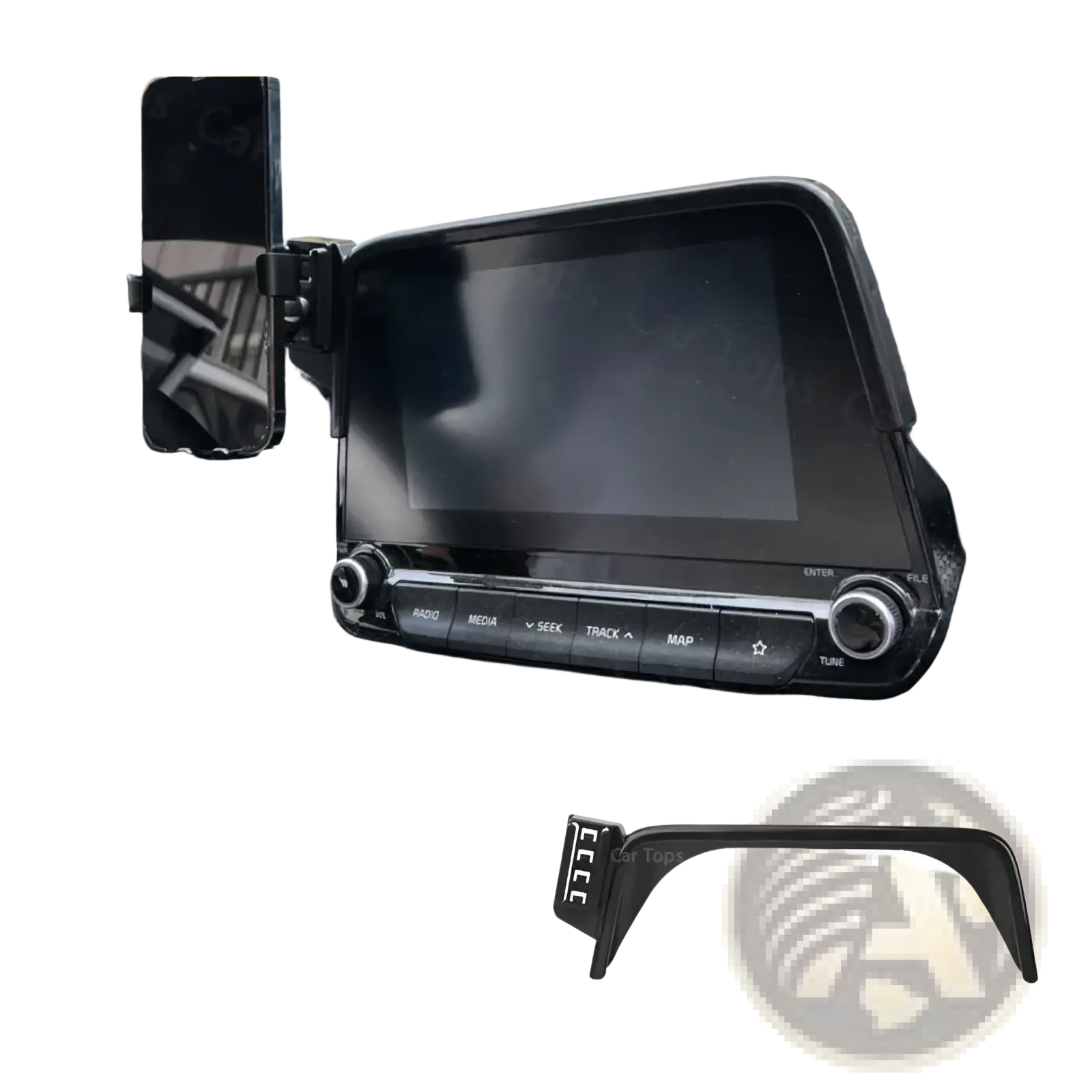 Black plastic car dashboard mount bracket for an 8-inch screen compatible with Kia Forte K3 2019-2021