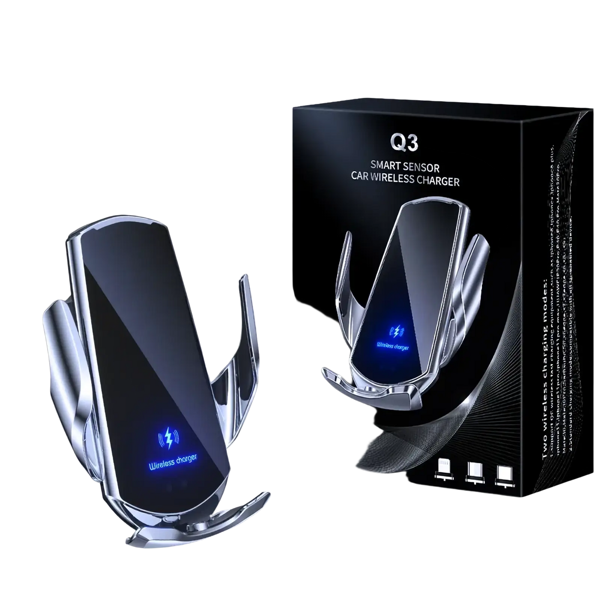 Silver q3 smart sensor wireless car charger with glowing blue indicator for kia forte k3 phone mount 2019-2021