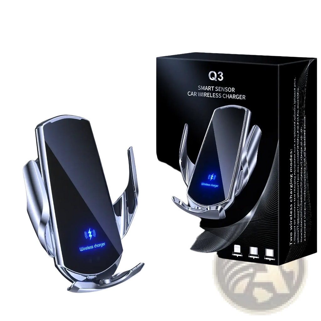 Silver q3 smart sensor wireless car charger with glowing blue indicator for kia forte k3 phone mount 2019-2021