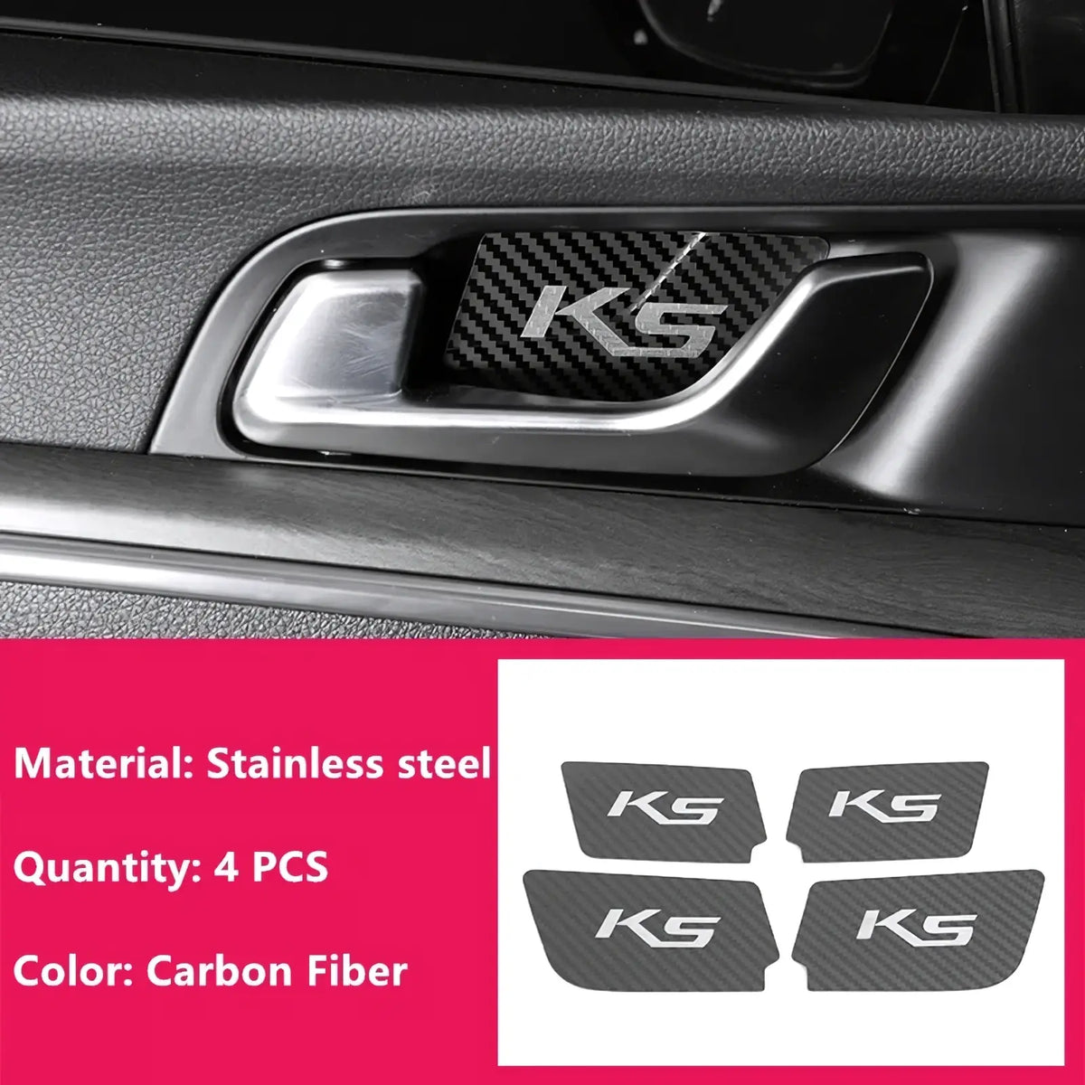 Kia K5 suede carbon interior door handle cover in carbon fiber with a sleek textured surface and silver ks logo