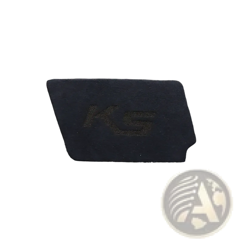Dark gray rectangular card holder with subtle ks logo embossed for kia k5 suede carbon interior door handle cover