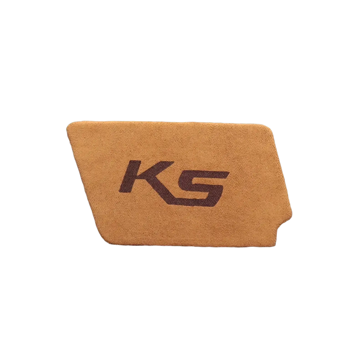 Tan suede kia k5 carbon interior door handle cover featuring dark brown ks logo trim piece visible from the back side
