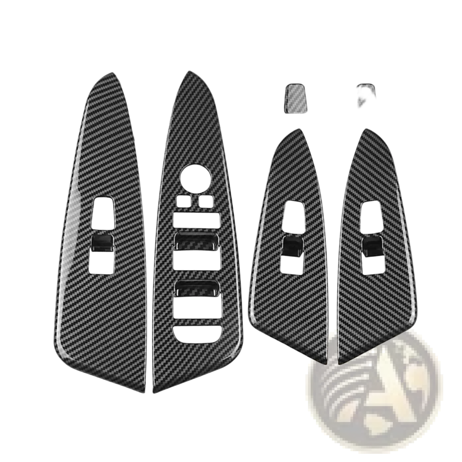 Set of four black carbon fiber textured door panel trim covers for Kia Sportage Nq5 with cutouts for controls