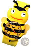 Kids 3d cartoon animal silicone wristwatch in yellow and black with bee shape round face plastic body and flexible band