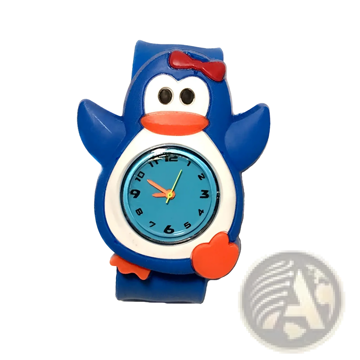 Kids 3d cartoon animal silicone wristwatch shaped like a blue penguin with a red bow orange beak and turquoise face