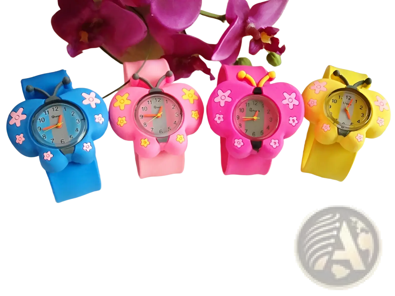 Kids 3d cartoon animal silicone wristwatch with four colorful butterfly shapes in blue pink and yellow with flower details