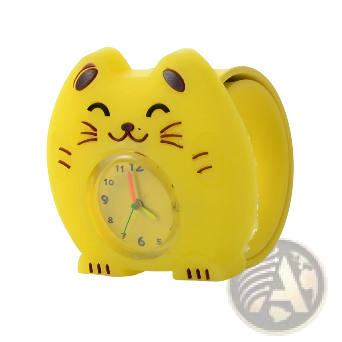 Yellow cat-shaped silicone alarm clock with clear face and colorful hands designed for kids 3d cartoon animal theme