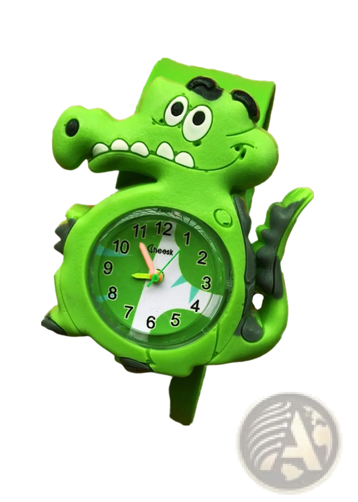 Kids 3d cartoon animal silicone wristwatch shaped like a green crocodile with bright green plastic body and matching strap