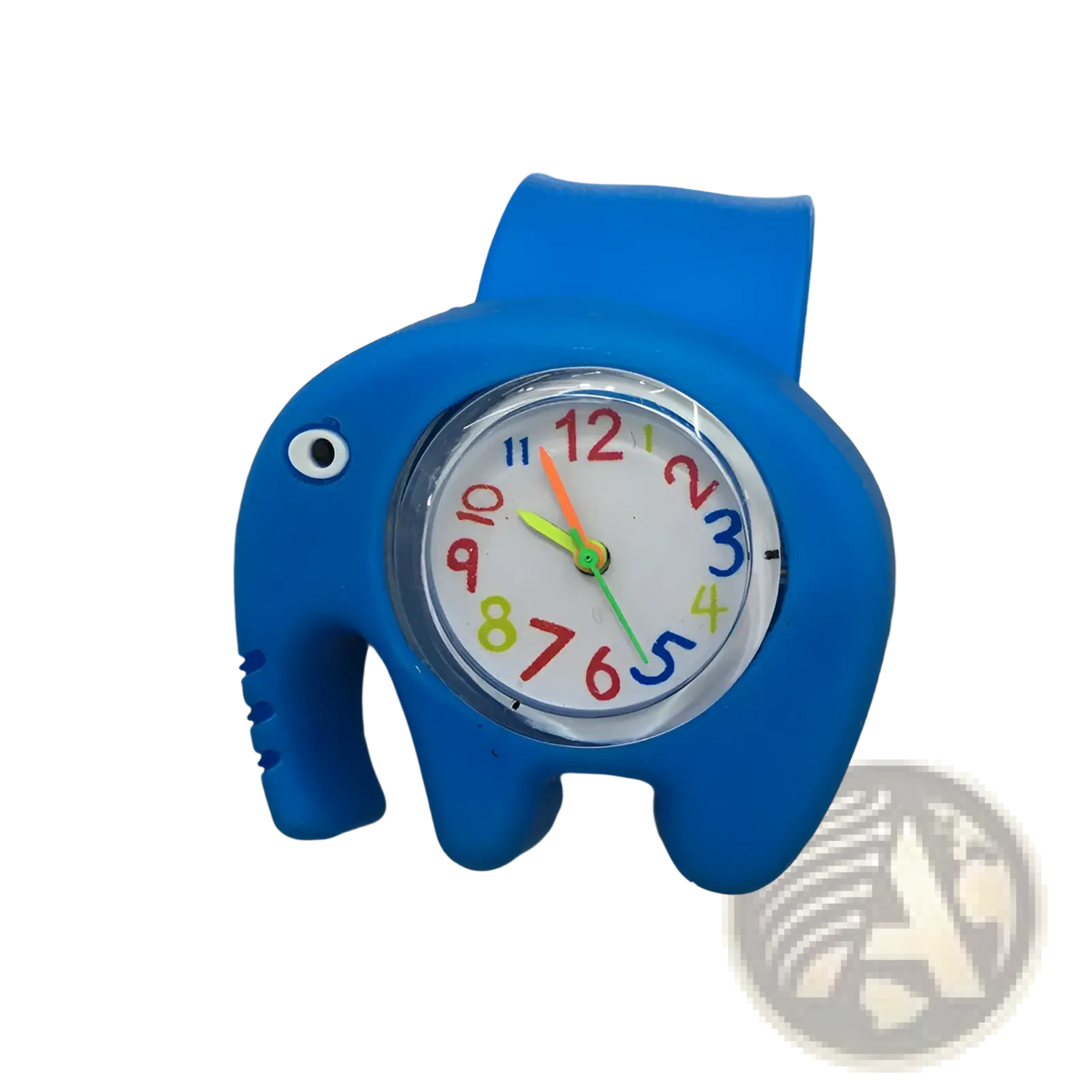 Kids 3d cartoon animal silicone wristwatch featuring a blue elephant shape with colorful numbered dial and green hands