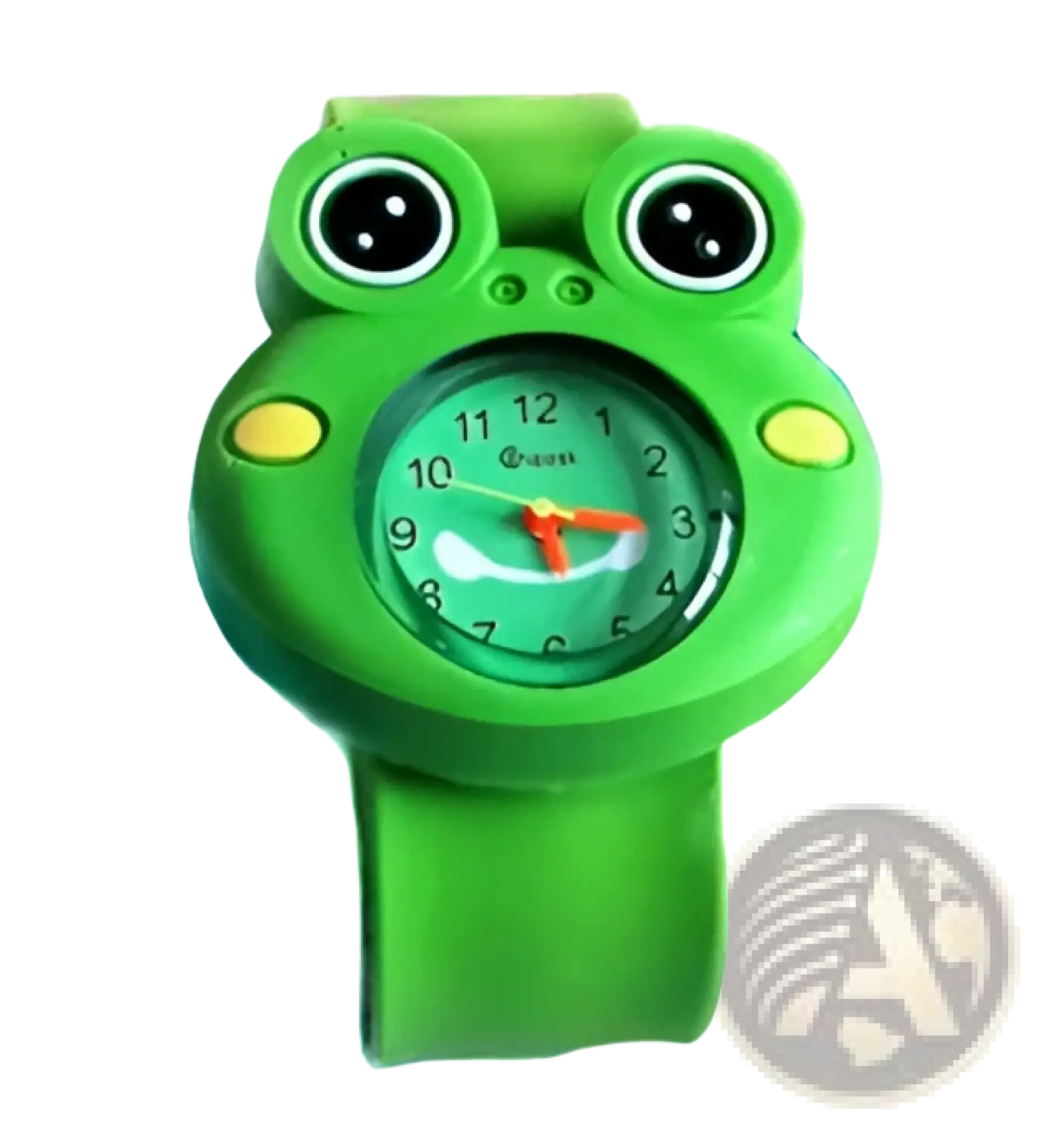 Kids 3d cartoon animal silicone wristwatch featuring a green frog shape with round face black eyes and yellow accents