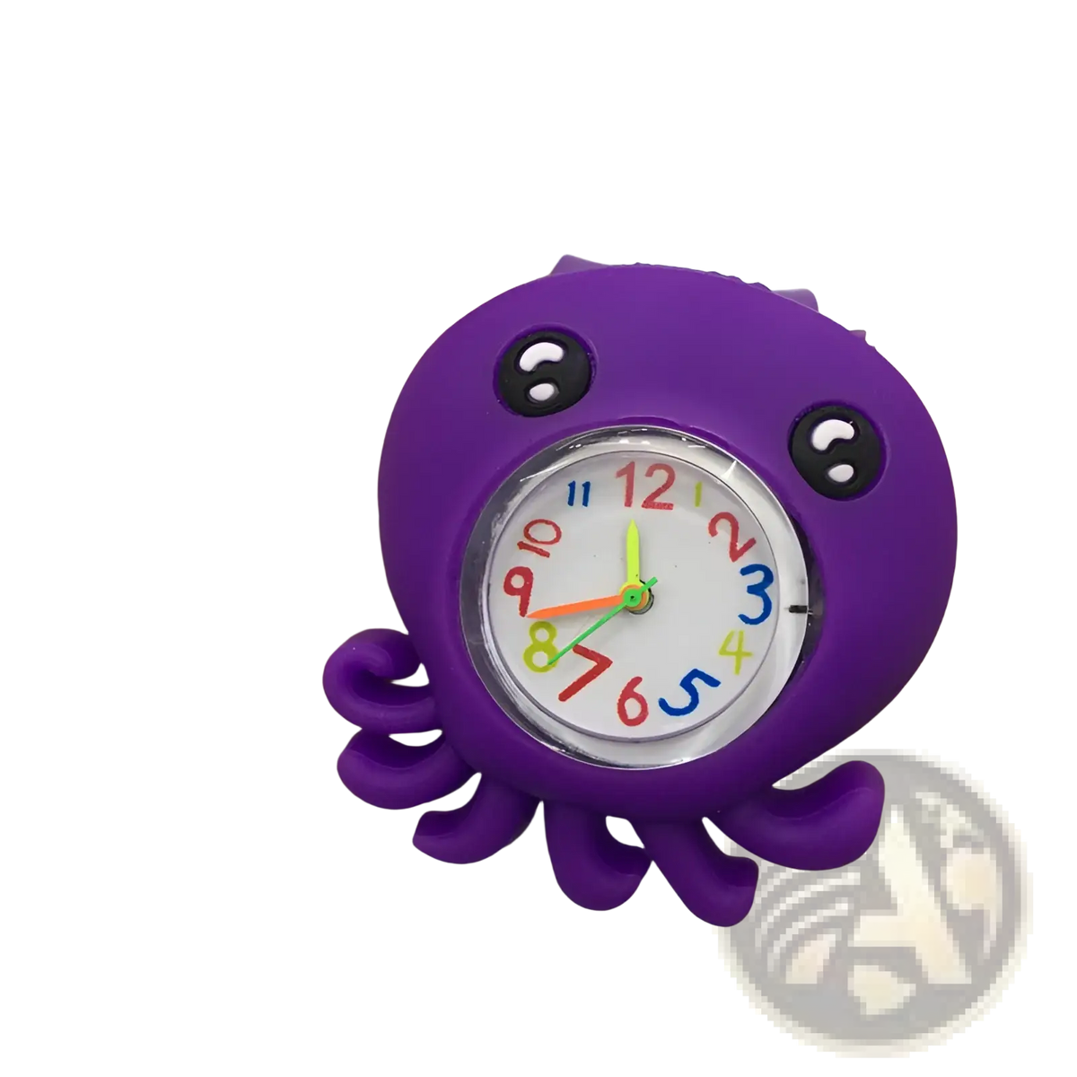 Kids 3d cartoon animal silicone wristwatch featuring a purple octopus shape with colorful numbered dial and green hands