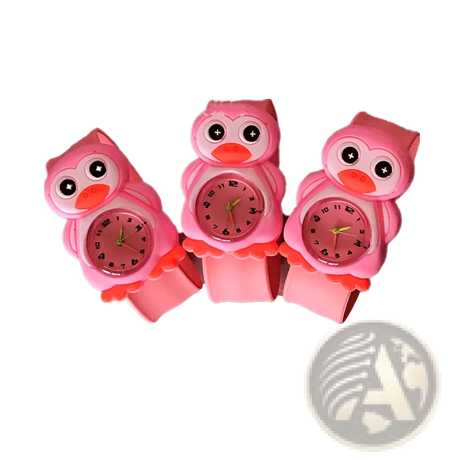 Kids 3d cartoon animal silicone wristwatch in pink owl shape with orange beak and black numerals on translucent face